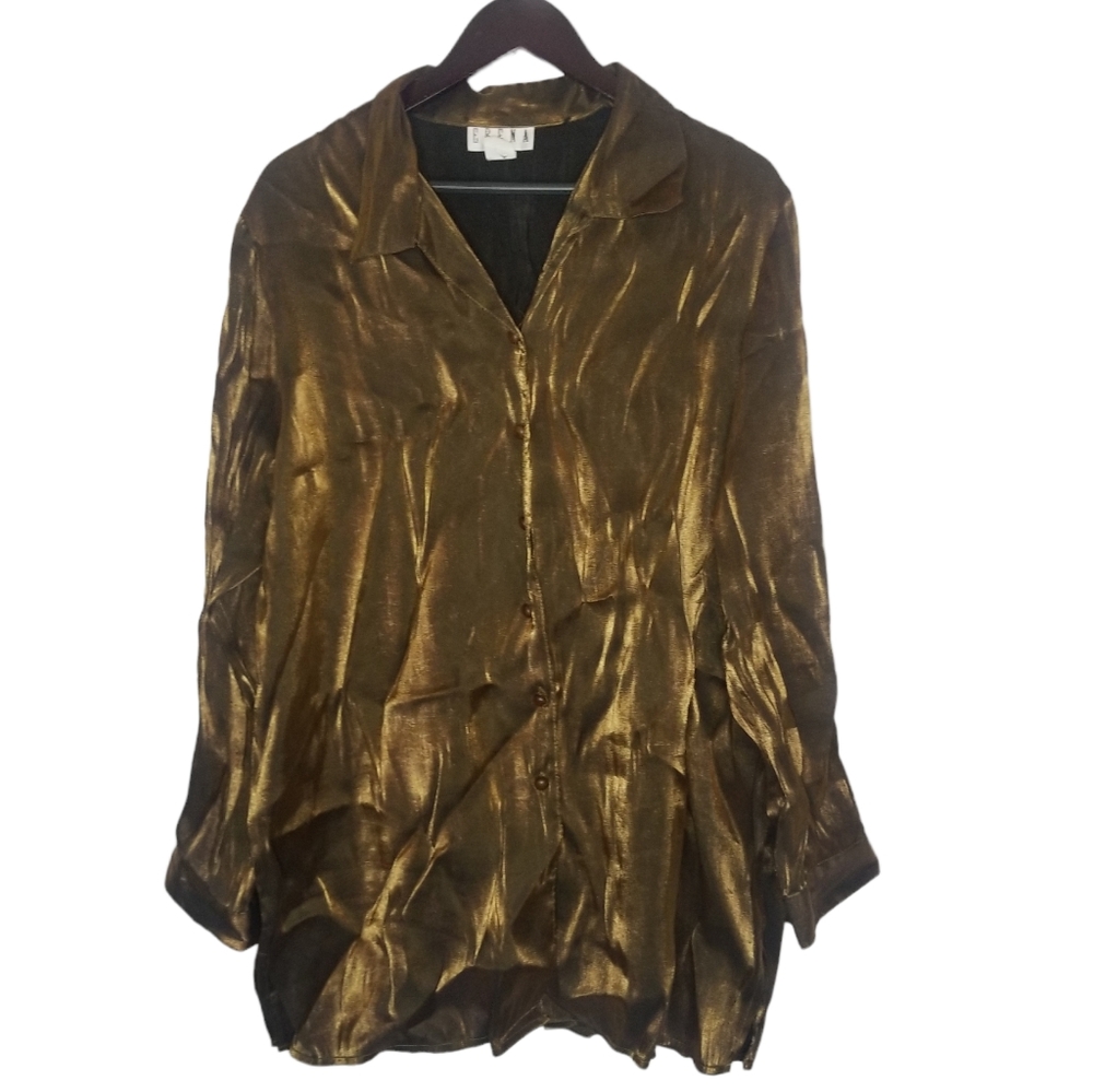 VINTAGE ERENA Shimmer Top Size 1X Brown Long Sleeve